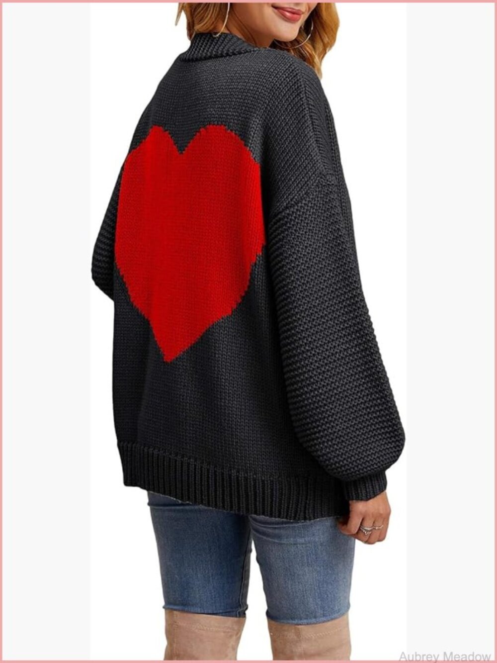 Oversized Love Heart Pattern Open Front Cardigan Sweater Casual Boho